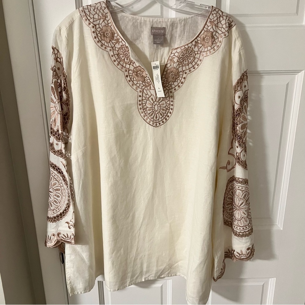 Chico's women’s Boho Embroidered Linen blend tunic Ecru/tan Size 20/22 NEW